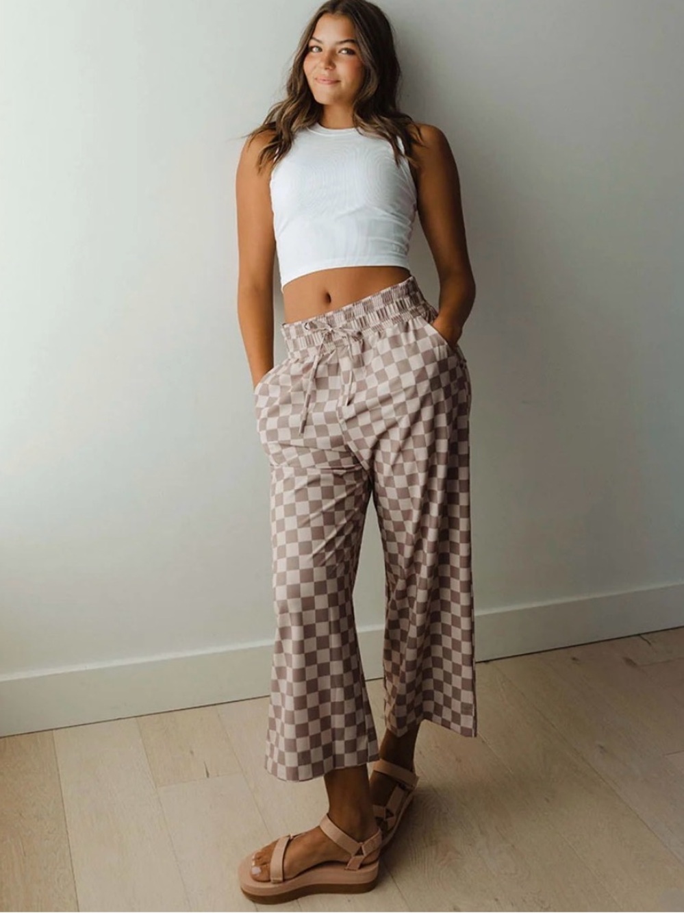 Albion Audrey Wide Leg Pant in Brown Checkers, Size S